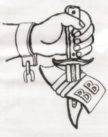 a drawing of a tattoos stripes with the disliked letters BB, pierced by a shiv