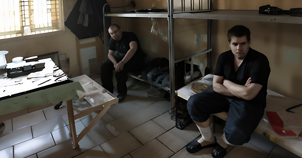 Two inmates are sitting on bunks in the SIZO cell