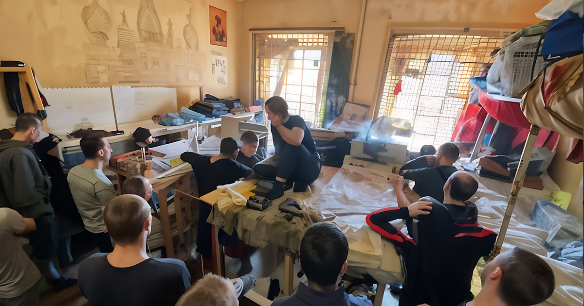 SIZO inmates are lounging in the group cell with bunkbeads