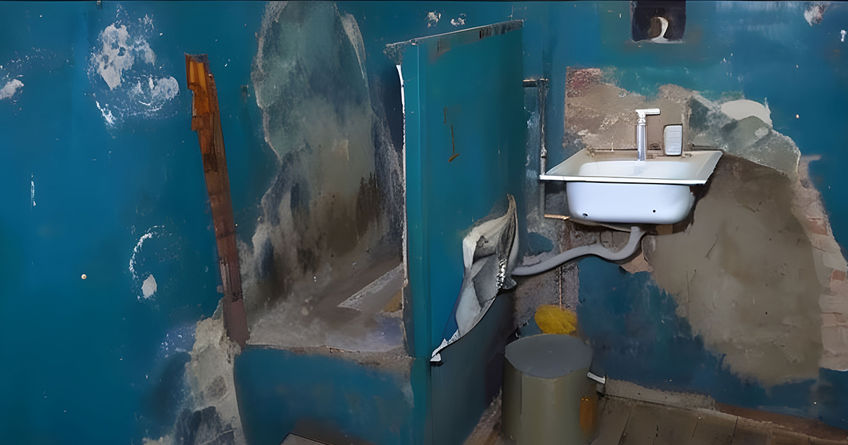 Disgusting conditions in SIZO. Decrepit sink and an elevated hole in the ground across a small board